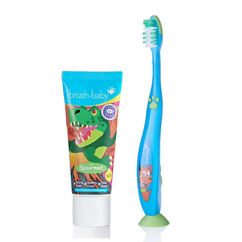 Brush-Baby Kid Dinosaur Spearmint Toothpaste with Xylitol (3 years+) + FlossBrush 6+ years